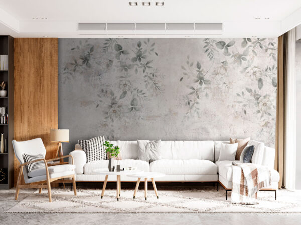 White wall with leaves and flowers White wall with leaves and flowers