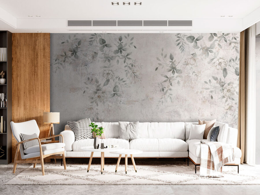 White wall with leaves and flowers White wall with leaves and flowers