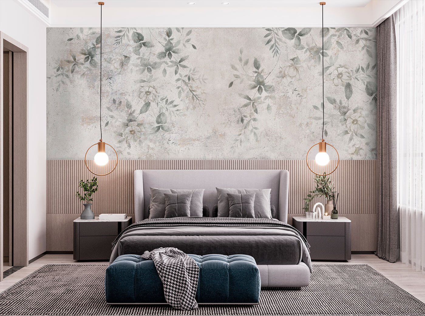 White wall with leaves and flowers