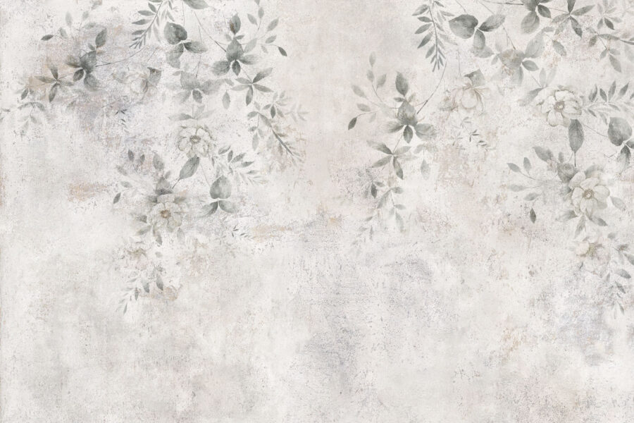 White wall with leaves and flowers White wall with leaves and flowers