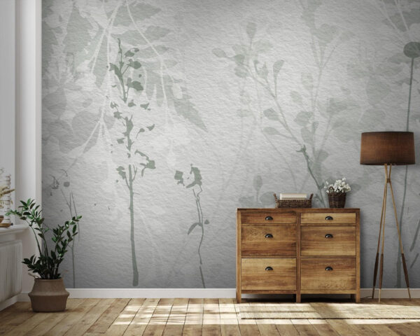 White wall with green leaves White wall with green leaves