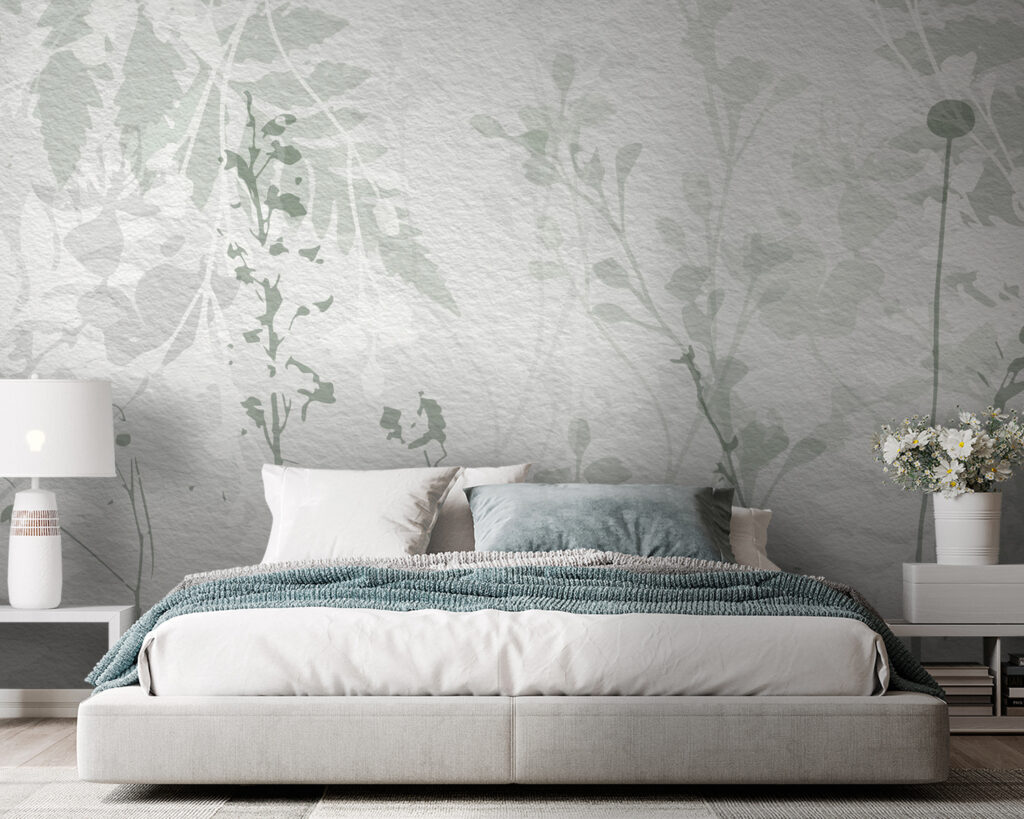 White wall with green leaves White wall with green leaves