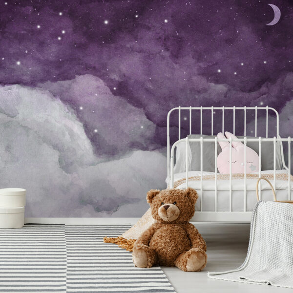 A purple sky with clouds and stars