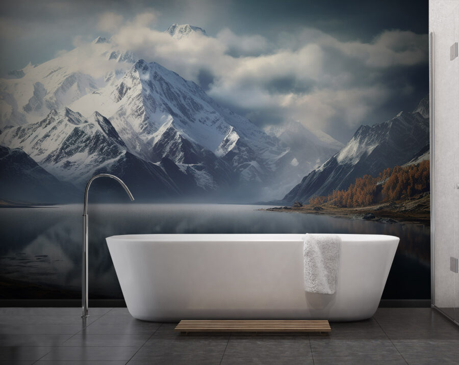 Wall murals Lake with snow covered mountains and clouds