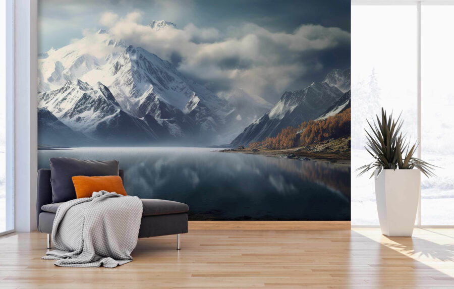 Wall murals Lake with snow covered mountains and clouds - Image 3