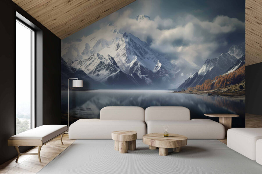 Wall murals Lake with snow covered mountains and clouds - Image 2