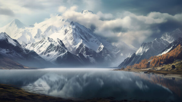 Lake with snow covered mountains and clouds Lake with snow covered mountains and clouds