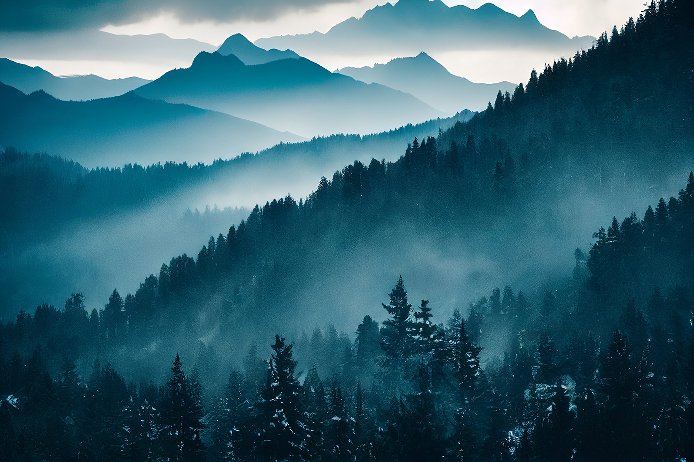 Mountain range with trees and fog Mountain range with trees and fog