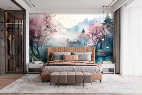 Watercolor painting of a lake with trees and mountains Watercolor painting of a lake with trees and mountains