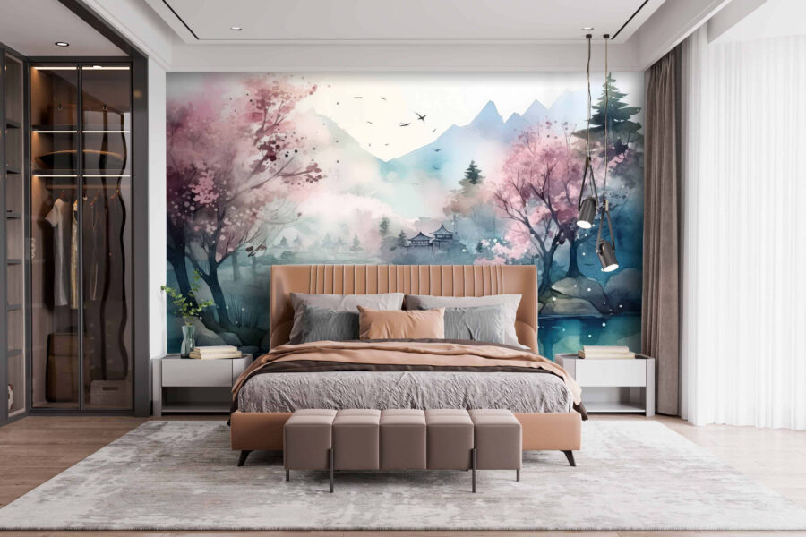Watercolor painting of a lake with trees and mountains Watercolor painting of a lake with trees and mountains