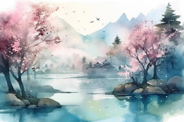 Watercolor painting of a lake with trees and mountains Watercolor painting of a lake with trees and mountains