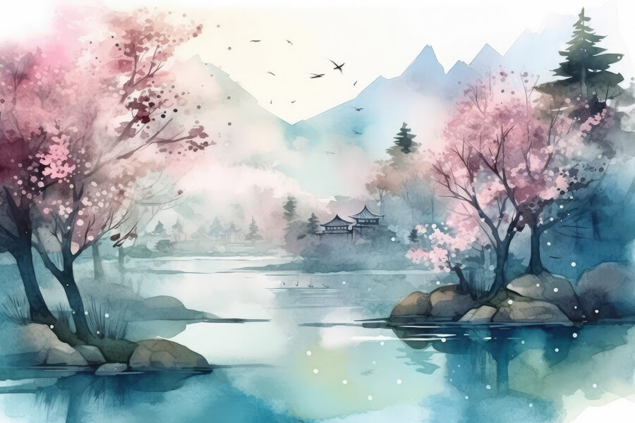 Watercolor painting of a lake with trees and mountains