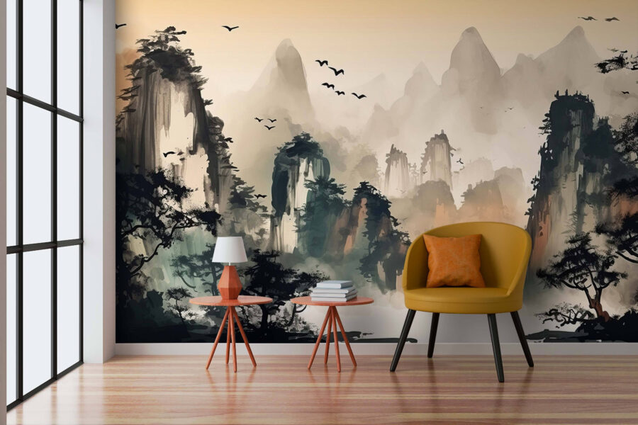 Painting of mountains and trees