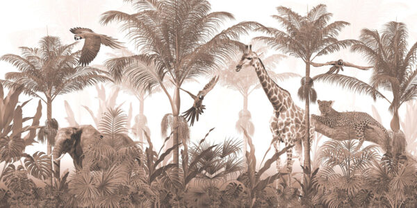 Giraffes and a parrot in a forest Giraffes and a parrot in a forest