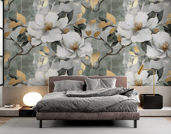 Wallpaper with white flowers and gold leaves