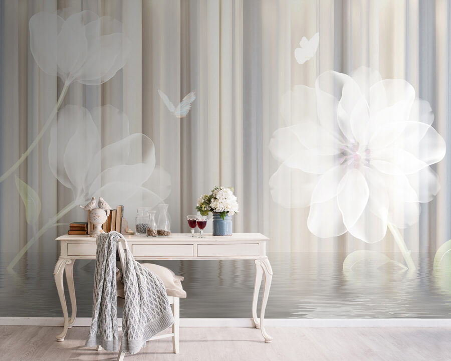 White flowers and butterflies in a room