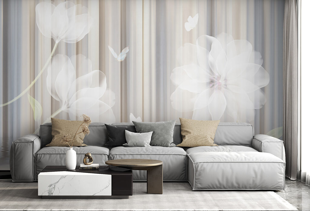 White flowers and butterflies in a room White flowers and butterflies in a room