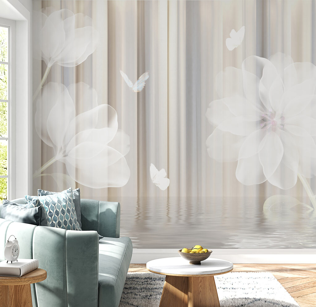White flowers and butterflies in a room White flowers and butterflies in a room