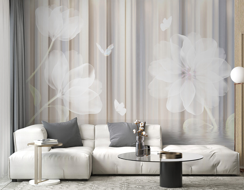 White flowers and butterflies in a room White flowers and butterflies in a room
