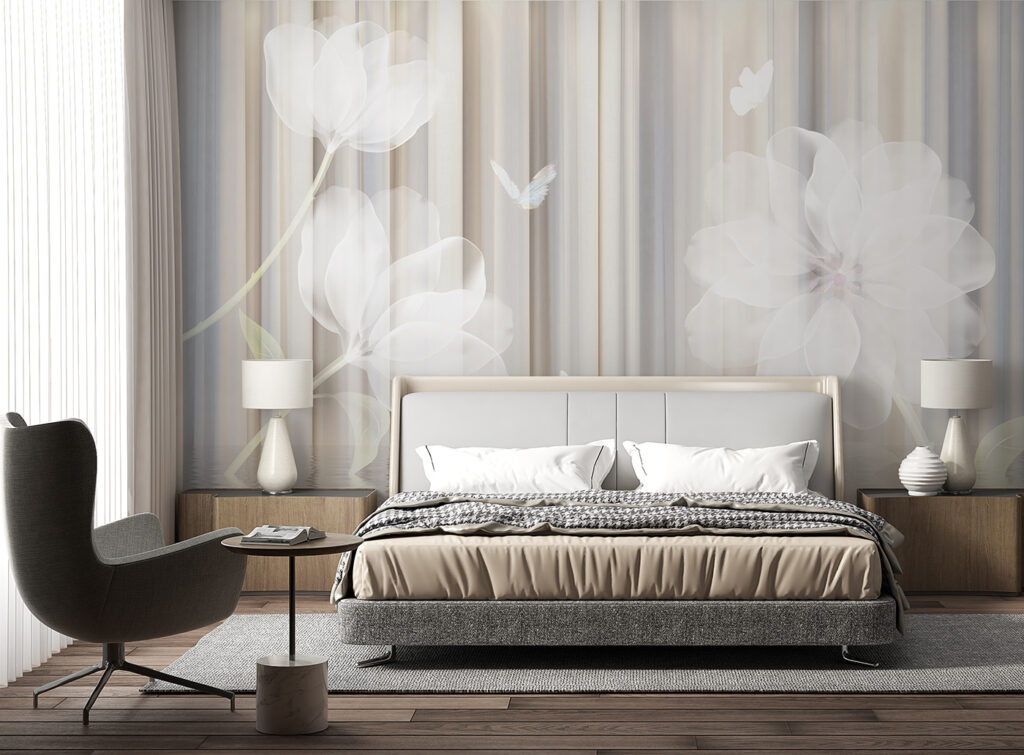 White flowers and butterflies in a room White flowers and butterflies in a room