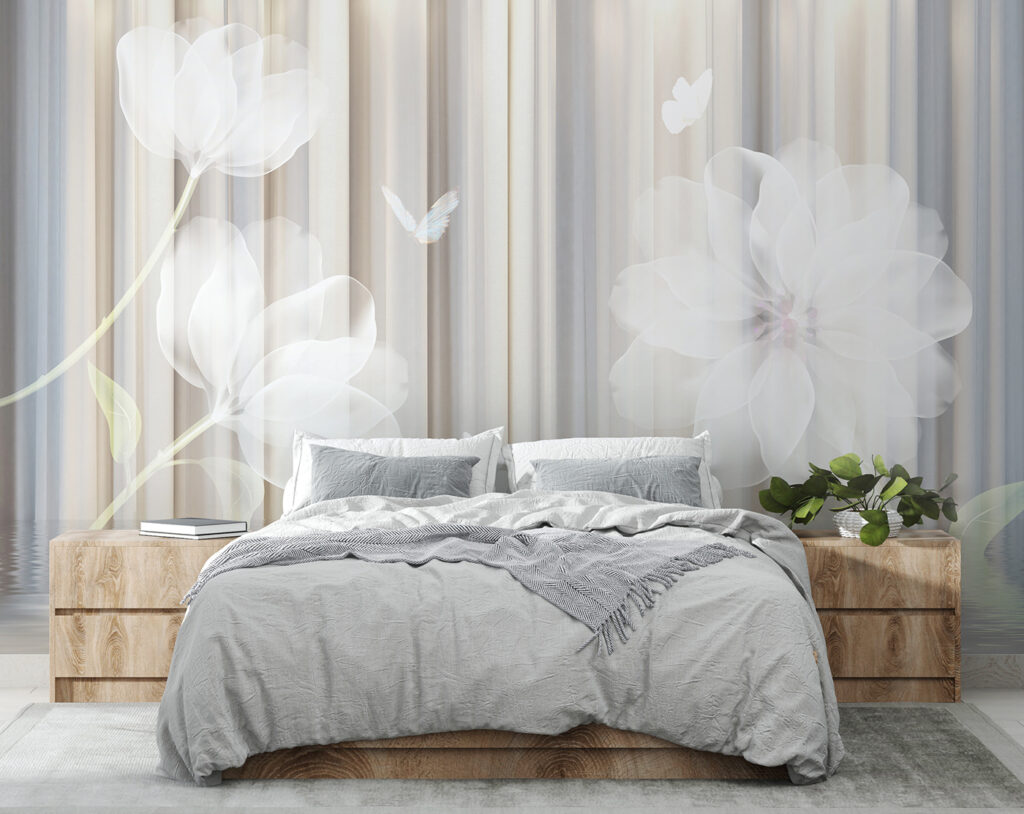 White flowers and butterflies in a room White flowers and butterflies in a room