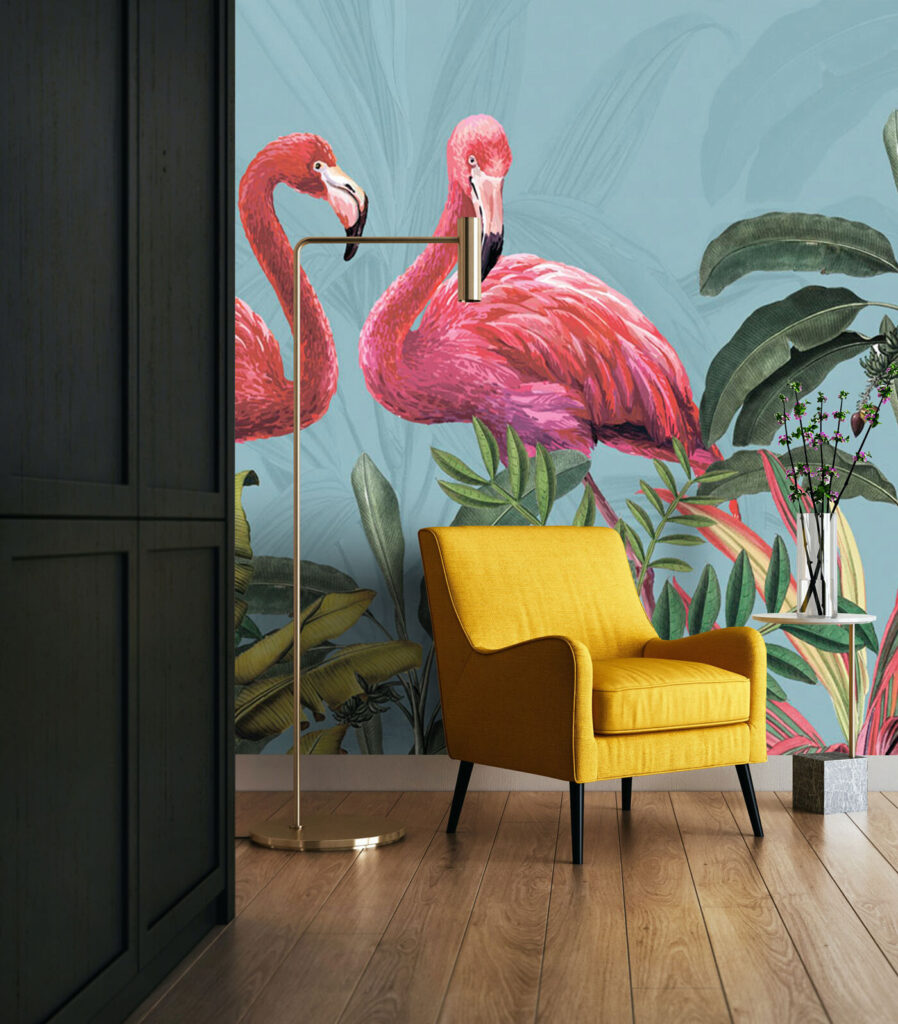 Two pink flamingos and green leaves Two pink flamingos and green leaves