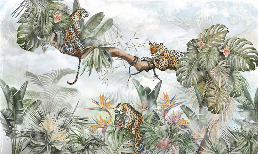 Painting of a group of cheetahs on a tree branch