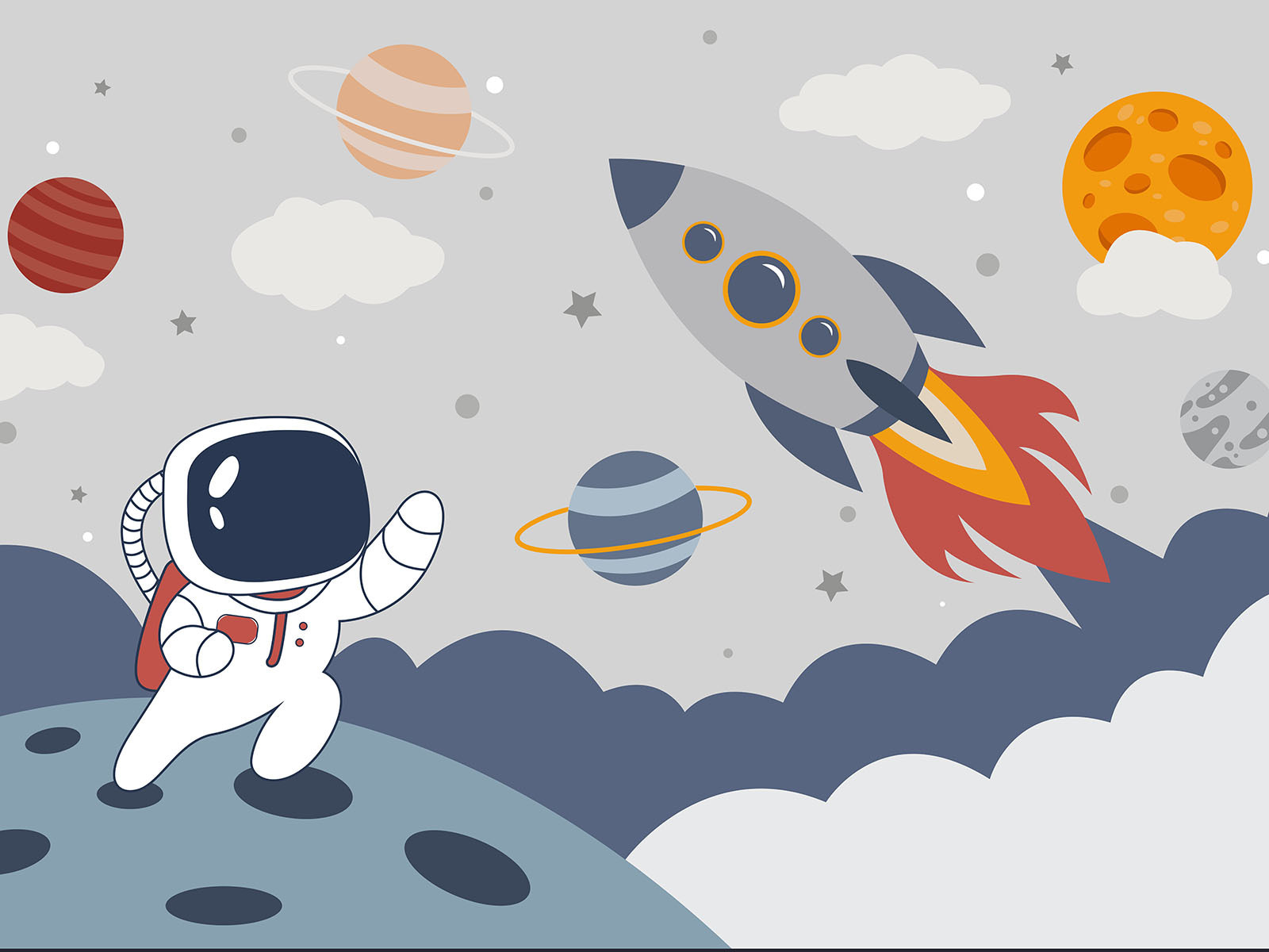 Cartoon an astronaut walking on a planet with a rocket in the sky Cartoon an astronaut walking on a planet with a rocket in the sky