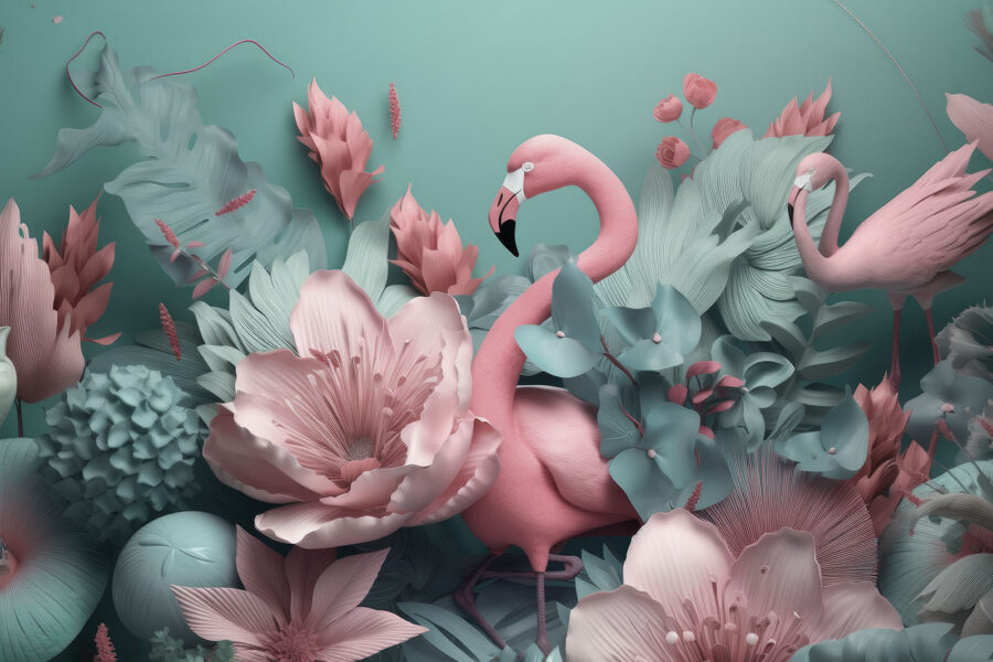 Pink flamingo surrounded by flowers