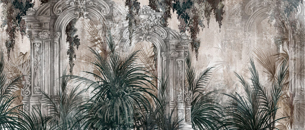 Painting of a stone arch with plants Painting of a stone arch with plants