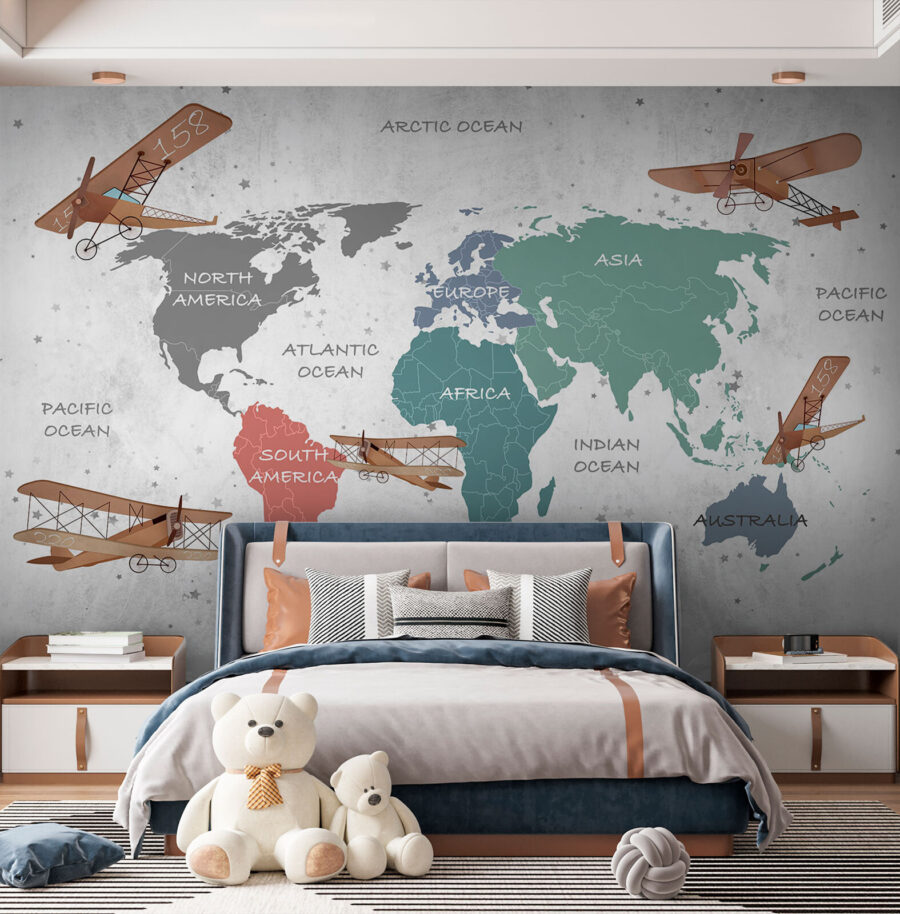 Map of the world with airplanes