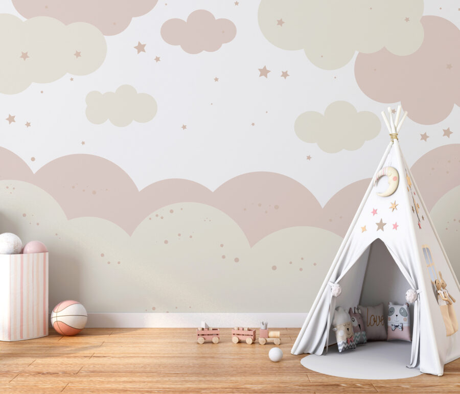 Wall murals Pink and white clouds and stars