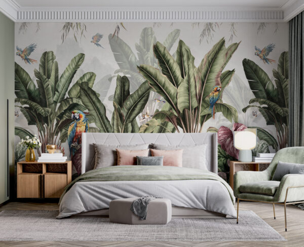 Wallpaper with tropical plants and birds Wallpaper with tropical plants and birds