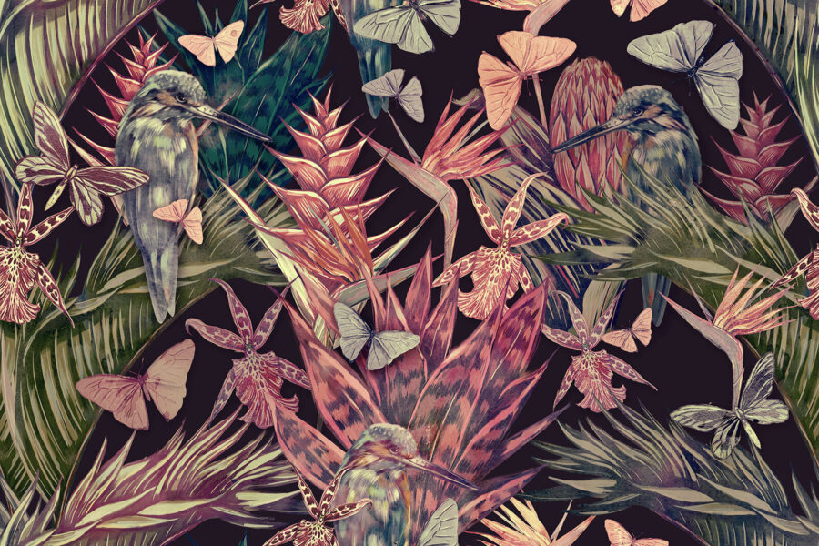 Pattern of tropical plants and birds