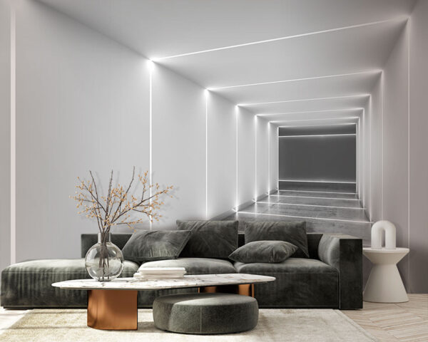 White hallway with lights White hallway with lights