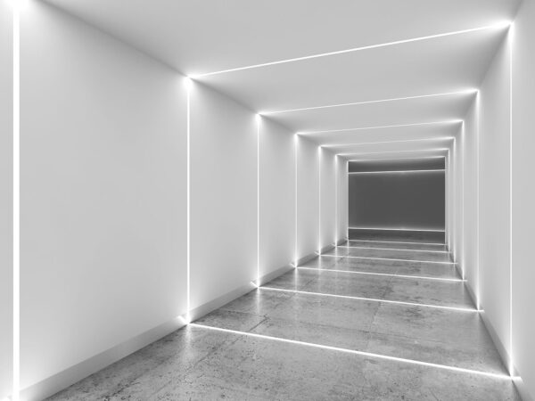 White hallway with lights White hallway with lights