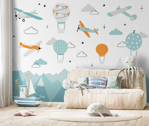 Wallpaper with airplanes and hot air balloons