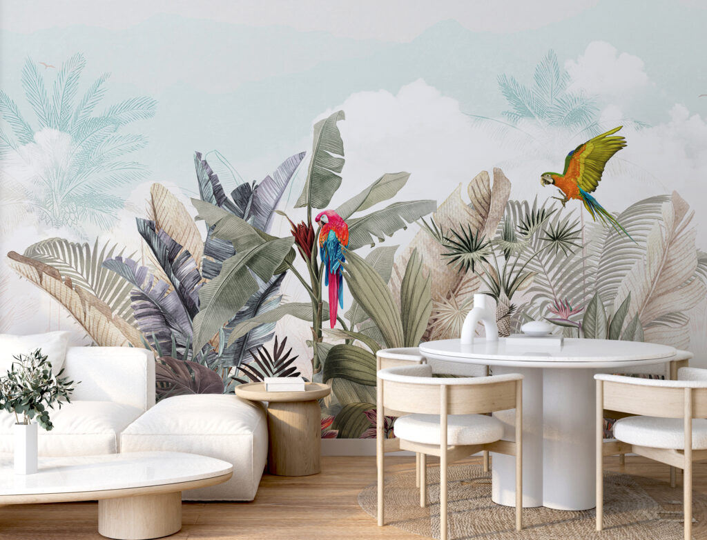 Wallpaper with tropical plants and birds