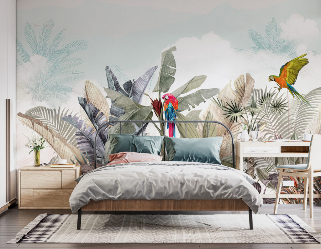 Wallpaper with tropical plants and birds