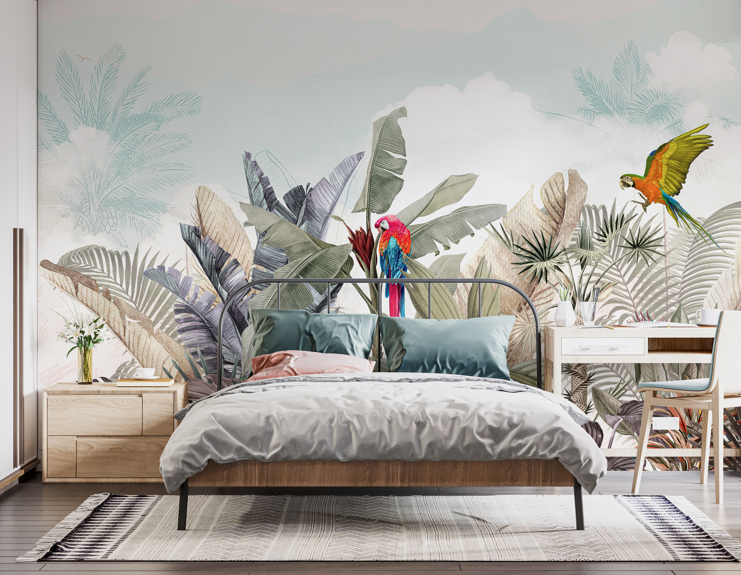 Wallpaper with tropical plants and birds