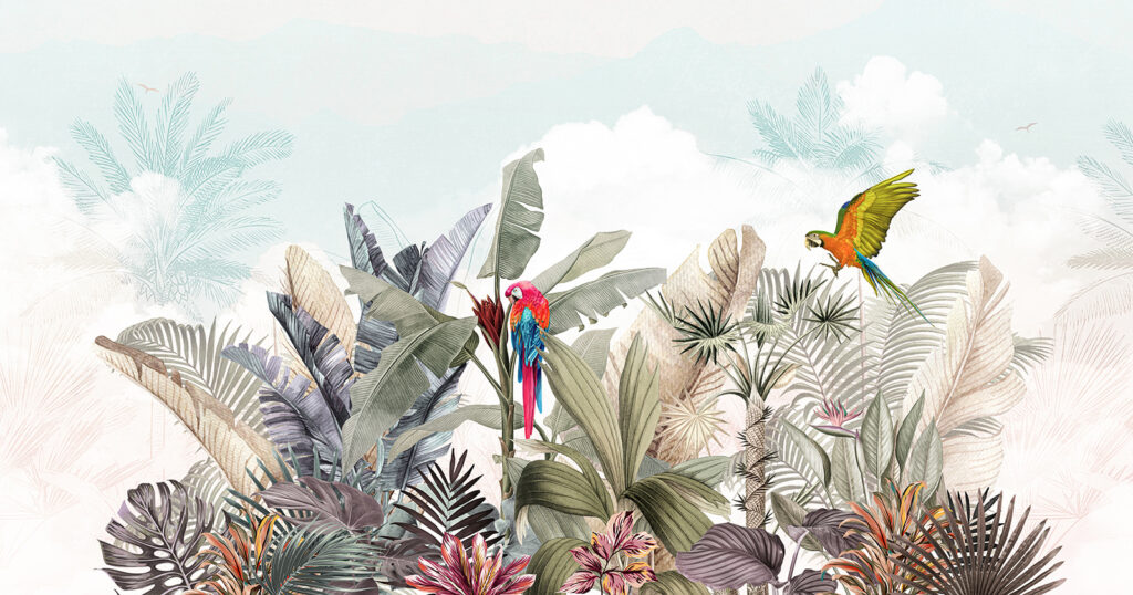 Wallpaper with tropical plants and birds