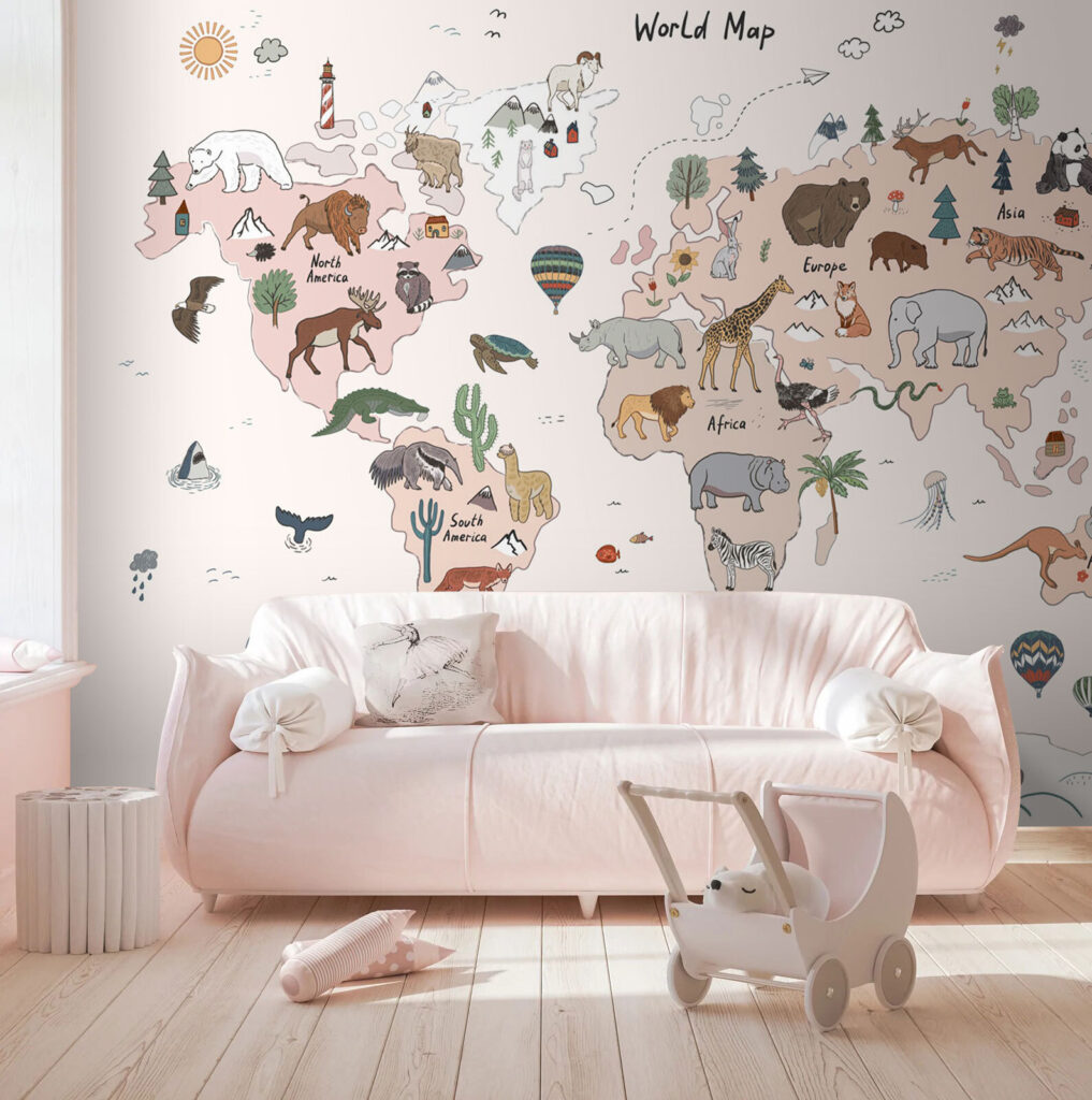 Map of the world with animals Map of the world with animals