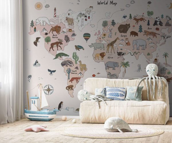 Wall murals Map of the world with animals (SKU: u95028) Wall murals Wall murals Map of the world with animals (SKU: u95028)