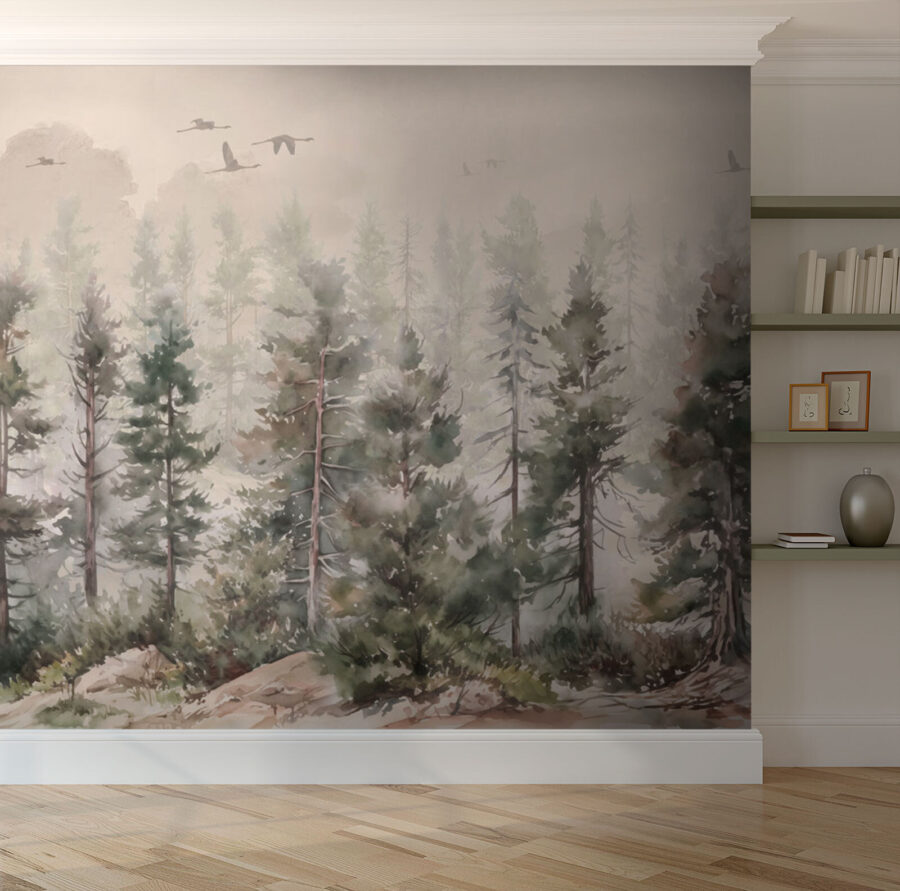 Watercolor of trees and birds flying over a foggy forest