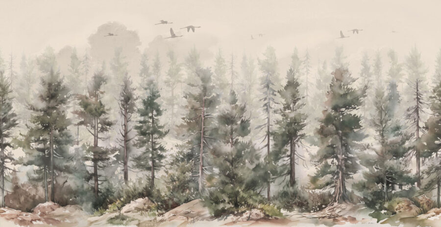 Watercolor of trees and birds flying over a foggy forest