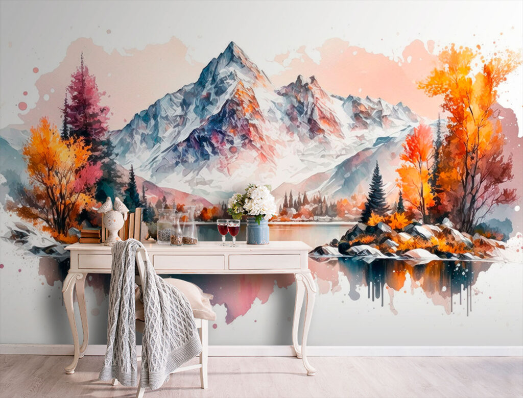 Watercolor painting of a mountain and a lake Watercolor painting of a mountain and a lake