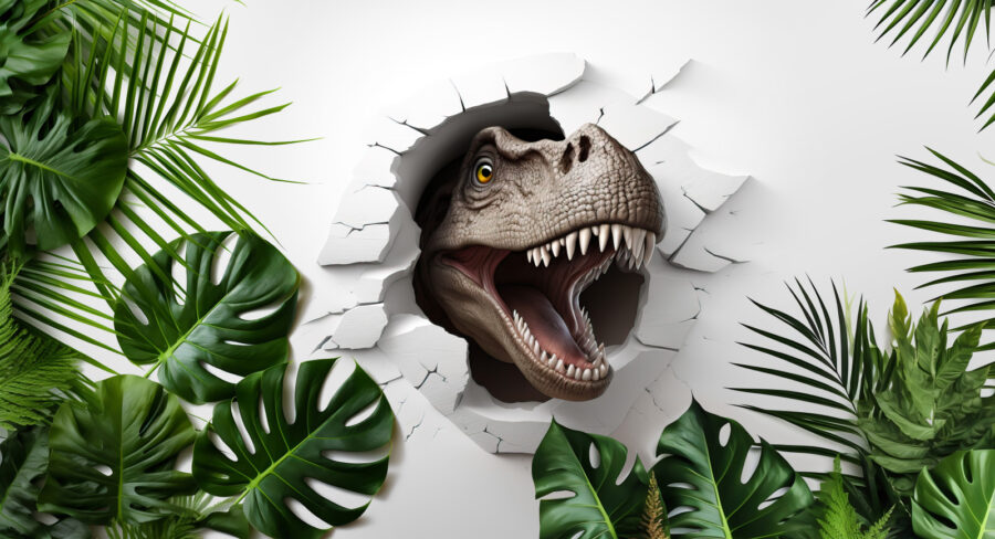 Dinosaur head coming out of a hole in a wall