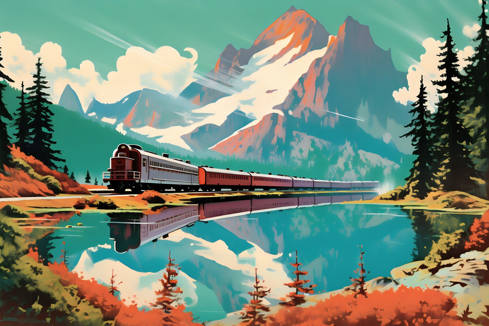 Train on the tracks by a lake u94759p - Train on the tracks by a lake