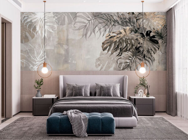 Grey and white wall with leaves Grey and white wall with leaves