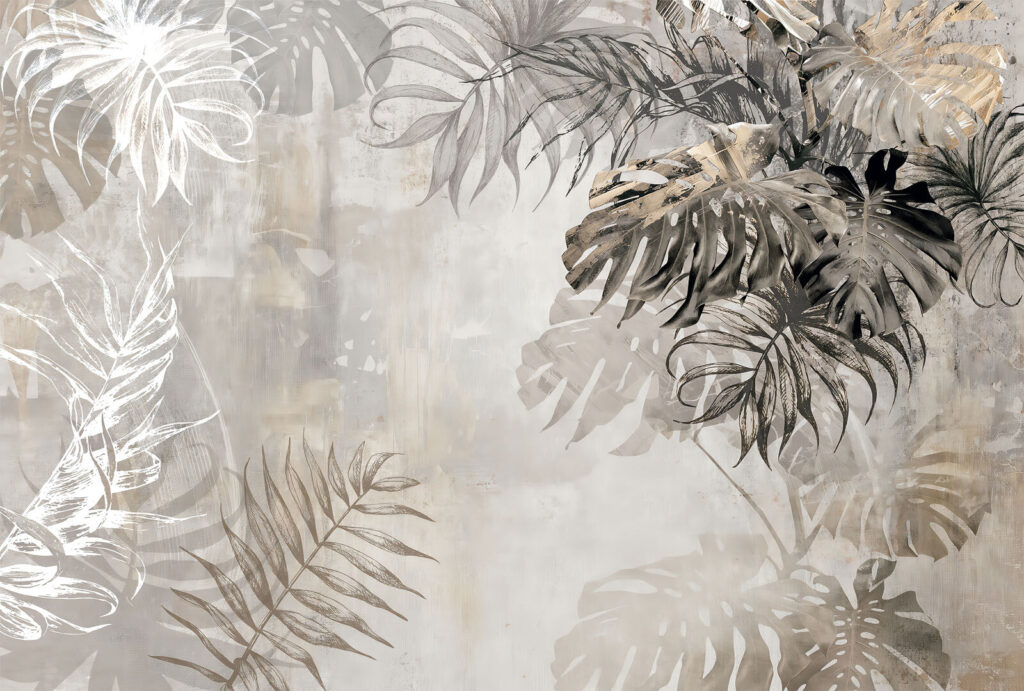 Grey and white wall with leaves Grey and white wall with leaves